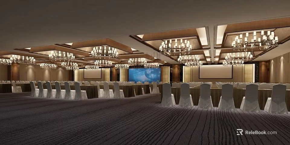 Spacious Conference Room Interior With Chandeliers Large Screen And White Covered Seating 3d model 
