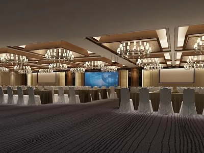 Spacious Conference Room Interior With Chandeliers Large Screen And White Covered Seating 3d model