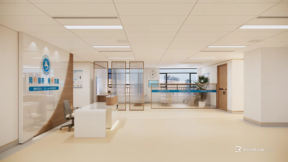 Hospital Outpatient Clinic Interior Featuring Reception Desk Waiting Seats Glass Partitions And Potted Plant 3d model 