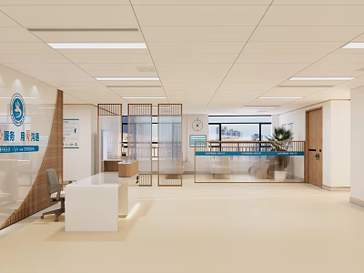 Hospital Outpatient Clinic Interior Featuring Reception Desk Waiting Seats Glass Partitions And Potted Plant 3d model