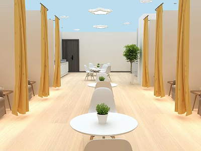 Modern Bright Cozy Lounge Space With Long Yellow Curtains Round White Tables And Potted Plants 3d model