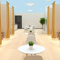 Modern Bright Cozy Lounge Space With Long Yellow Curtains Round White Tables And Potted Plants