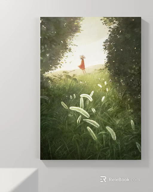 Serene Landscape Painting With Girl In Red Dress Amid Grassy Field And Sunlit Foxtail Grass 3d model 