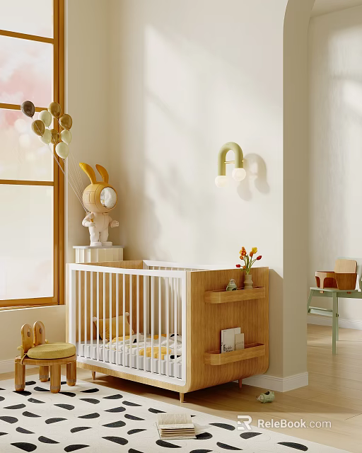 Cozy Wooden Baby Crib in Bright Nursery with Rabbit Toy Wall Lamp and Flowers 3d model 