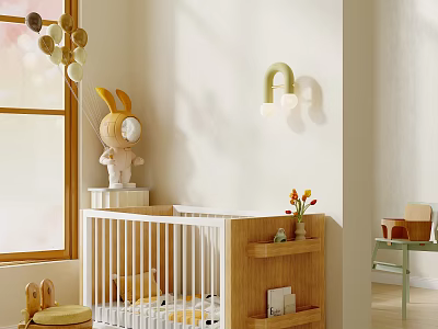 Cozy Wooden Baby Crib in Bright Nursery with Rabbit Toy Wall Lamp and Flowers 3d model