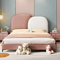 Children's Room Interior With Pink White Headboard Yellow Bed Sheets Stuffed Toys Green Curtains
