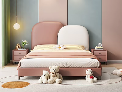 Children's Room Interior With Pink White Headboard Yellow Bed Sheets Stuffed Toys Green Curtains 3d model