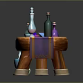 Wooden Table Display With Colorful Glass Bottles And Purple Orange Striped Tablecloth