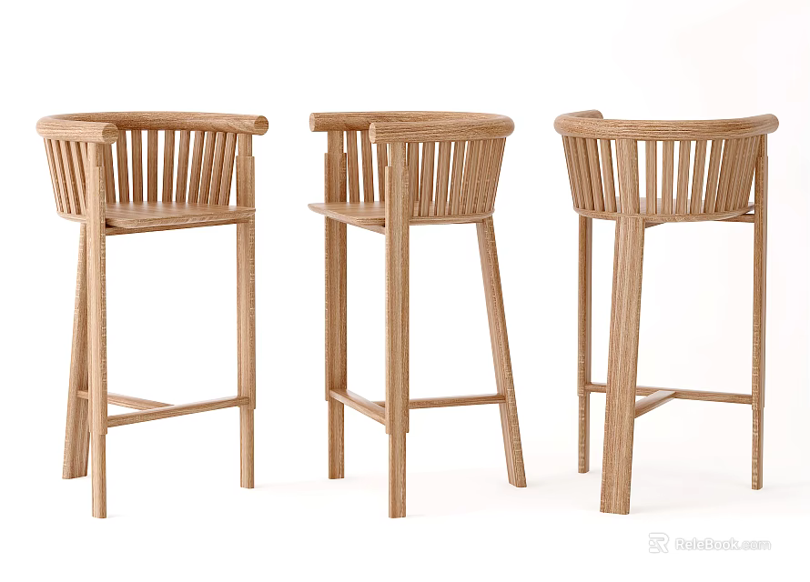 Three Wooden Bar Stools With Woven Backrests And Simple Modern Design 3d model 