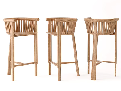 Three Wooden Bar Stools With Woven Backrests And Simple Modern Design 3d model