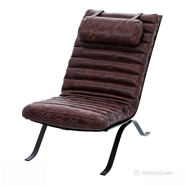 Stylish Brown Leather Ribbed Padded Leisure Chair With Black Metal Legs 3d model 