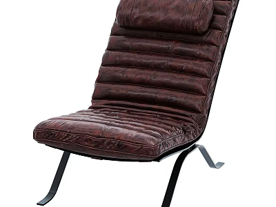 Stylish Brown Leather Ribbed Padded Leisure Chair With Black Metal Legs 3d model