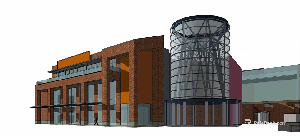 Modern Commercial Complex With Red Brick Facade And Glass Curtain Wall Tower 3d model 