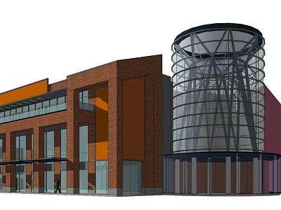 Modern Commercial Complex With Red Brick Facade And Glass Curtain Wall Tower 3d model