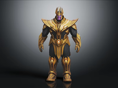 Armored Warrior Character With Golden And Black Armor Purple Face And Chest Gem 3d model