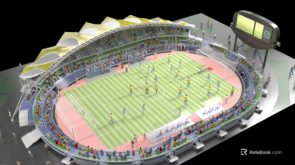 Football Stadium Featuring Green Grass Players Game MultiLevel Stands Spectators White Canopy Large Screen 3d model 