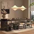 Tea Room Interior With Long Wooden Table Tea Sets And Hanging Lamp