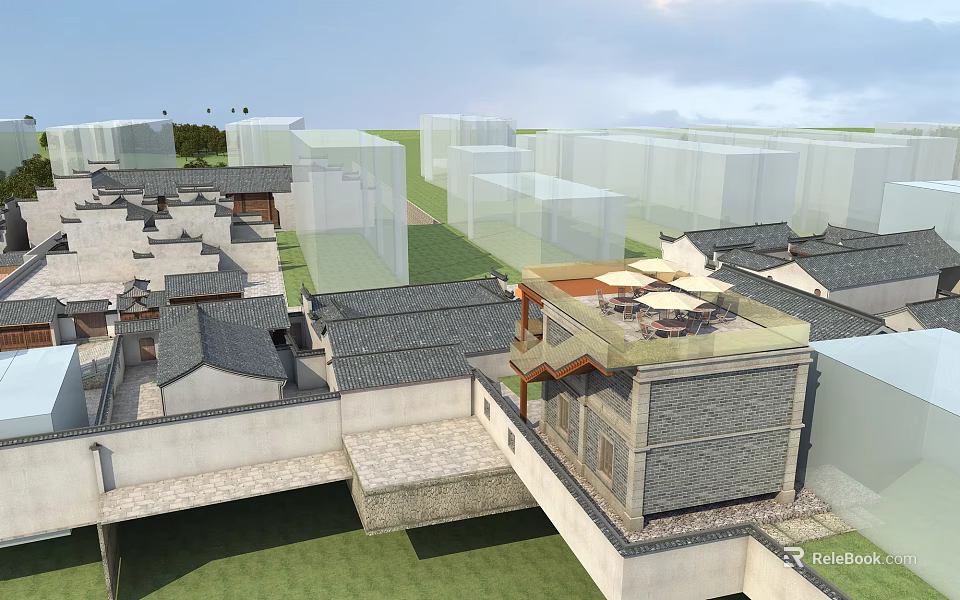 Ancient Architecture Complex Featuring Traditional Gray Tile Roofs Courtyard Layout And Modern Terrace 3d model 