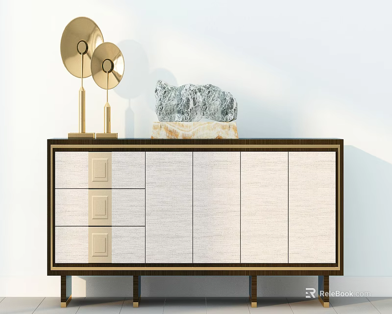 Modern Elegant Console Cabinet With Light Colored Doors Gold Frame And Decorative Top 3d model 