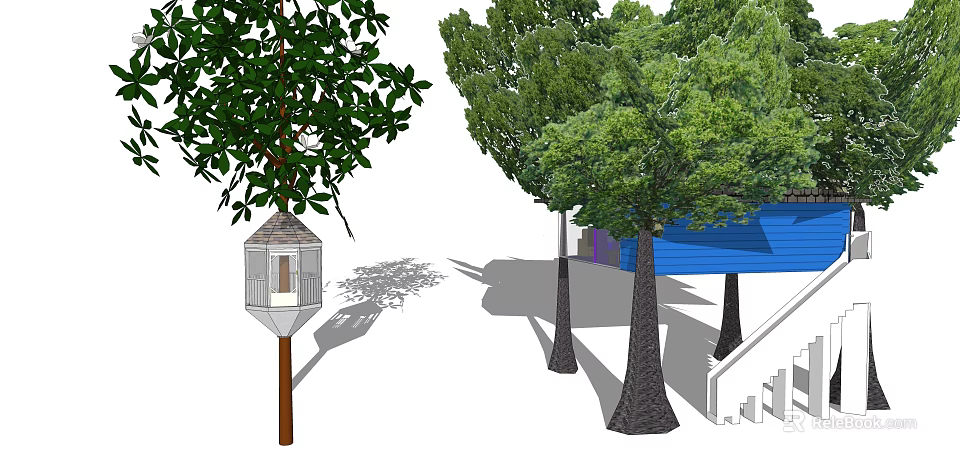 Tree House Tower Surrounded by Green Trees and Blue Building Structure 3d model 