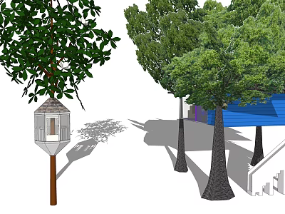 Tree House Tower Surrounded by Green Trees and Blue Building Structure 3d model