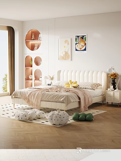 Bright Bedroom Interior With White Upholstered Bed Pink Blanket Stuffed Toys And Wall Art 3d model 