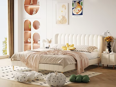 Bright Bedroom Interior With White Upholstered Bed Pink Blanket Stuffed Toys And Wall Art 3d model