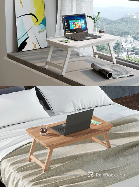 Wooden and White Functional Table in Bedroom and Window Area with Laptop Drink and Magazine 3d model 