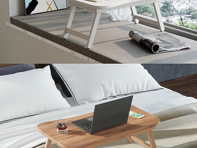 Wooden and White Functional Table in Bedroom and Window Area with Laptop Drink and Magazine 3d model