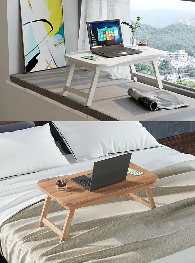 Wooden and White Functional Table in Bedroom and Window Area with Laptop Drink and Magazine 3d model