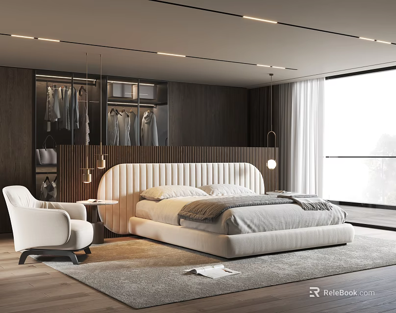 Modern Bedroom Interior Design With White Bed Wooden Wardrobe Pendant Lights And Large Window 3d model 