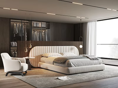 Modern Bedroom Interior Design With White Bed Wooden Wardrobe Pendant Lights And Large Window 3d model