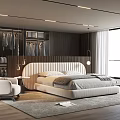 Modern Bedroom Interior Design With White Bed Wooden Wardrobe Pendant Lights And Large Window