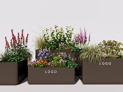 Brown Rectangular Flower Planters With Logo Filled With Colorful Flowers And Green Plants 3d model