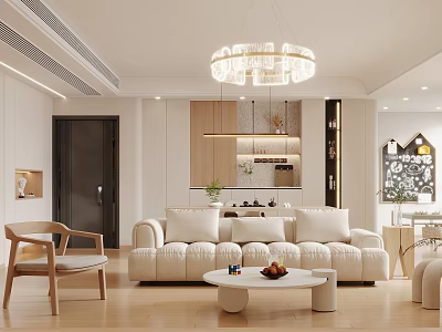 Modern Living and Dining Room Interior With White Sofa Round Coffee Table And Chandelier 3d model