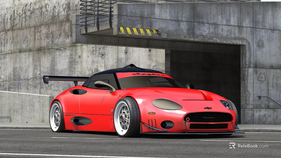 Red Modified Sports Car With Large Rear Spoiler Sleek Body And Industrial Concrete Background 3d model 