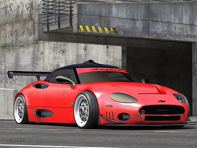 Red Modified Sports Car With Large Rear Spoiler Sleek Body And Industrial Concrete Background 3d model