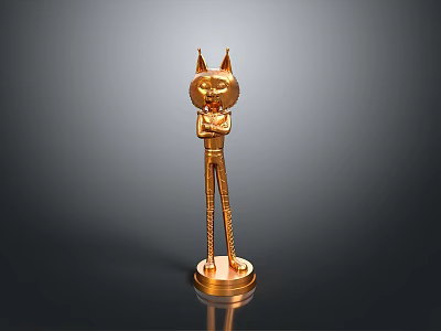 Golden Cat Shaped Statue With Pointed Ears And Standing Posture On Shiny Base 3d model