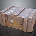 Vintage Weathered Wooden Crate With Metal Clasps Yellow Text And Worn Surface