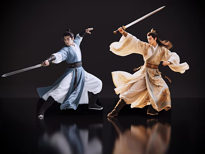 Game And Movie Characters In Ancient Costumes Performing Dynamic Sword Fighting Poses 3d model