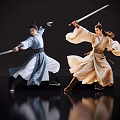 Game And Movie Characters In Ancient Costumes Performing Dynamic Sword Fighting Poses