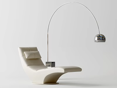 Modern Light-colored Lounge Chair Featuring Arched Floor Lamp With Spherical Shade In White Minimalist Setting 3d model