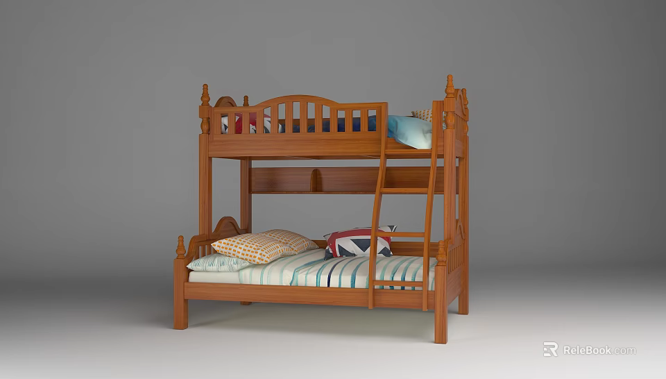 Wooden Bunk Bed With Upper Lower Bunk Pillows Striped Sheets And Ladder 3d model