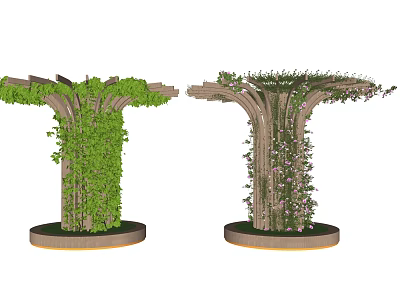 Green Vines Covered Wooden Arbor With Circular Base And Purple Flowers 3d model