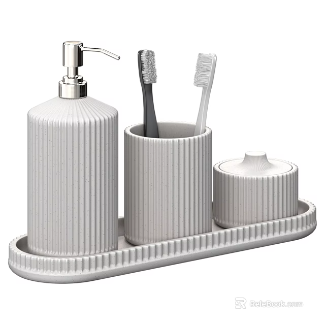 Modern Bathroom Accessories Set With Ribbed Ceramic Soap Dispenser Toothbrush Holder Lidded Container And Tray 3d model 
