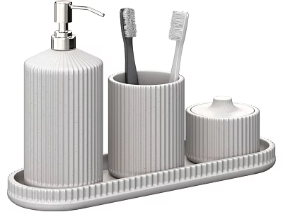 Modern Bathroom Accessories Set With Ribbed Ceramic Soap Dispenser Toothbrush Holder Lidded Container And Tray 3d model