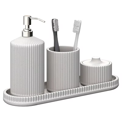 Modern Bathroom Accessories Set With Ribbed Ceramic Soap Dispenser Toothbrush Holder Lidded Container And Tray 3d model