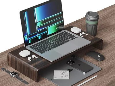 Laptop On Wooden Desk With Stand Coffee Cup Earbuds Smartphone And Mouse 3d model