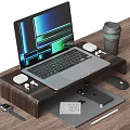 Laptop On Wooden Desk With Stand Coffee Cup Earbuds Smartphone And Mouse