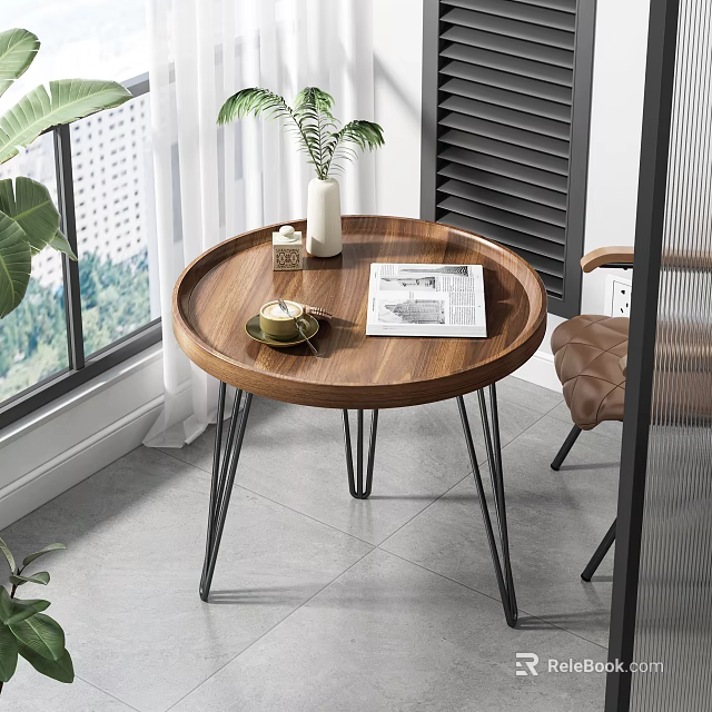 Modern Round Wooden Top Side Table With Black Metal Legs Vase Magazine And Coffee Cup 3d model 
